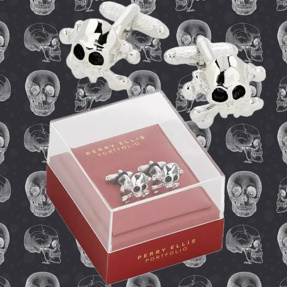 Perry Ellis Portfolio Men's Skull Design Silvery Tone Brass Cuff Links